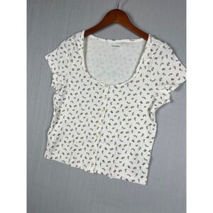Old Navy Top Womens Large White Ditsy Floral Button Front Ribbed Scoop Neck Tee
